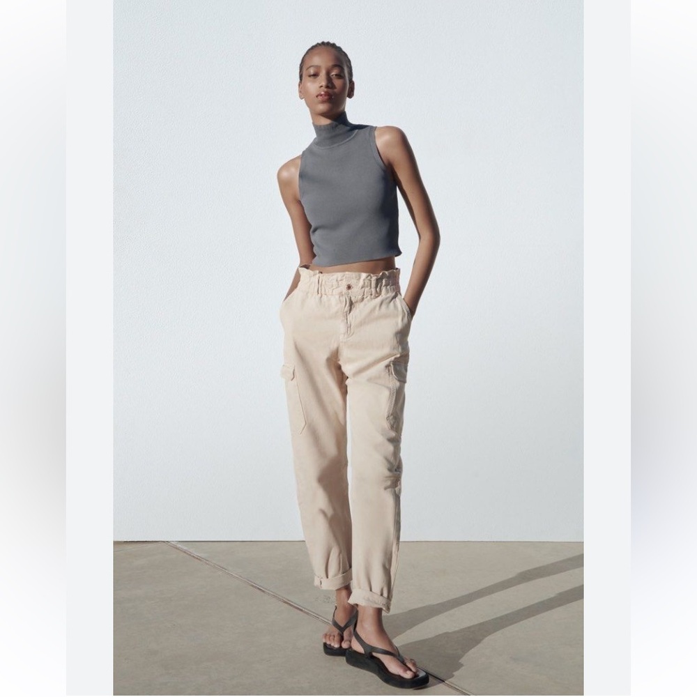 Zara Cargo Jeans Paperbag Cotton Wide Leg Pants Size 8